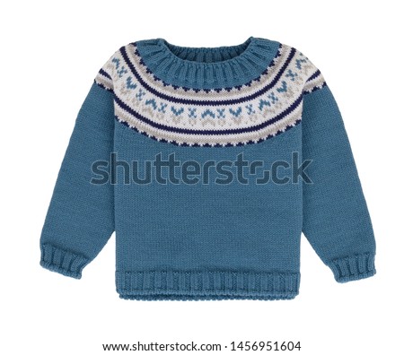 Beautiful children's wool knitted blue baby sweater with an ornament on a collar with a long sleeve, a pre look, layout, ghost mannequin, isolated on a white background, clipping