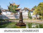 Beautiful Chinese architecture in Guanyin Tang temple in Dali town of China. A pilgrimage site for the local people, who traditionally worship the female goddess Guanyin.