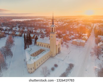 The beautiful christian Viinikka Church enjoys sunrise on a cold winter morning in Tampere, Finland