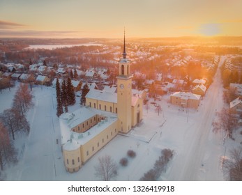 The beautiful christian Viinikka Church enjoys sunrise on a cold winter morning in Tampere, Finland