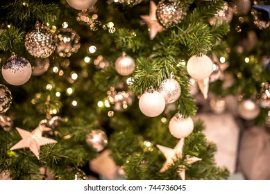 Beautiful christmas background. Decorated christmas tree close up