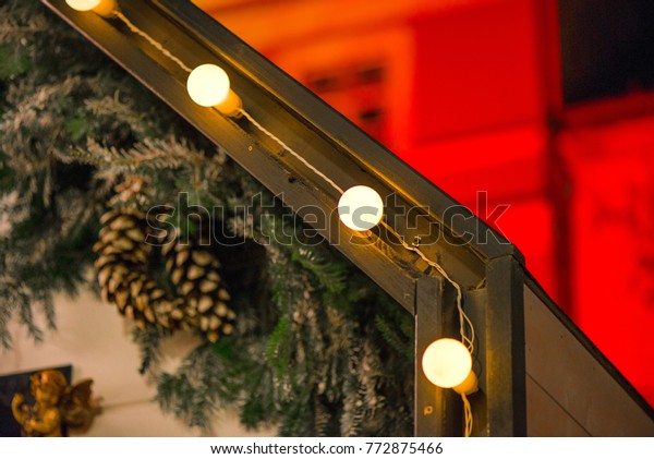 Beautiful Christmas Decorations Hanging On Roof Stock Photo Edit