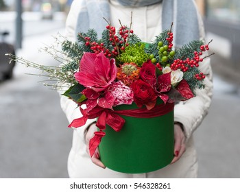 Beautiful Christmas Floral Arrangement In A Hat Box