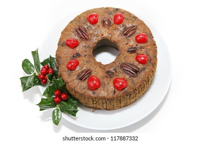 Beautiful Christmas Fruitcake On A White Plate, Isolated.