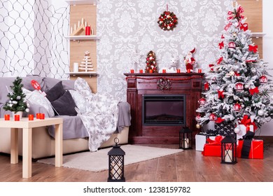 Beautiful Christmas interior with fireplace and fir tree.Happy place .
