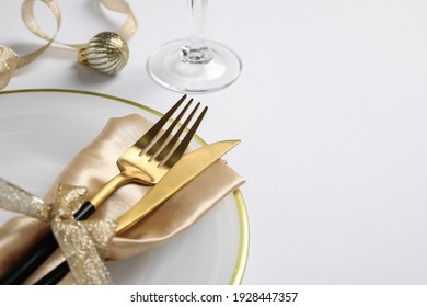 Beautiful Christmas Table Setting On White Background, Closeup