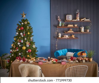 Beautiful Christmas Table Christmas Tree Background All Kind Of New Year Concept And Ornament Modern Living Room Interior Style