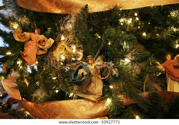 Beautiful Christmas Tree Decorated Angels Gold Stock Image