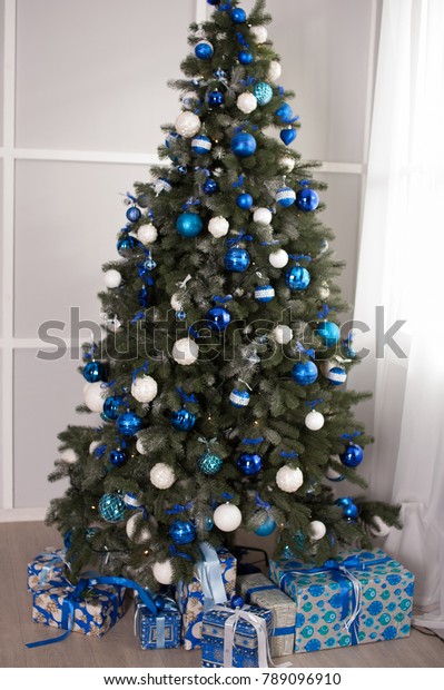 Beautiful Christmas Tree Decorated Blue Balls Stock Photo Edit