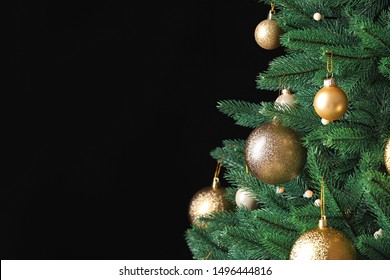 Beautiful Christmas Tree With Festive Decor On Black Background. Space For Text