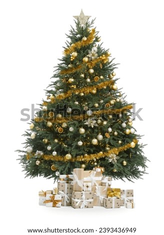 Beautiful Christmas tree and gift boxes isolated on white