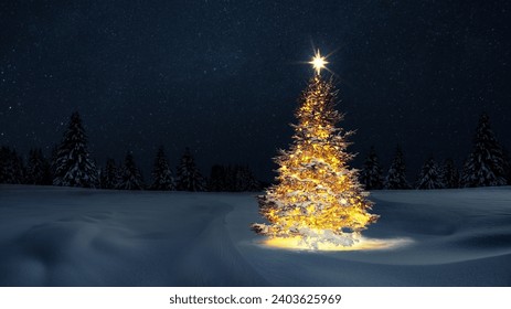 Beautiful Christmas tree with lights stands in a snowy field with a forest at night. Christmas Eve and magic. New Year card - Powered by Shutterstock