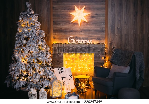 Beautiful Christmas Tree Near Fireplace Garlands Stock Photo Edit