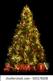 Beautiful Christmas Tree With Presents Isolated On Black