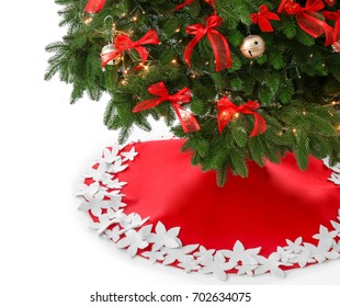 Beautiful Christmas Tree With Skirt On White Background