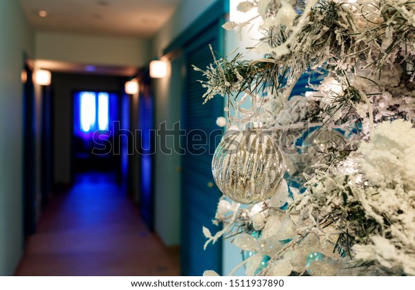 Beautiful Christmas Tree White Artificial Snow Stock Photo