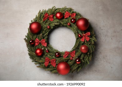 Beautiful Christmas Wreath On Grey Background, Top View