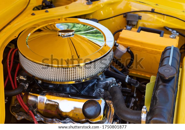 Beautiful chrome car motor air filter.\
Close-up. Details. Motor\
transport.