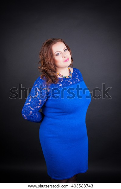 Beautiful Chubby Woman Blue Dress Lace 