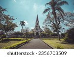 Beautiful church at the edge of a park in San Jose, the capital of Costa rica, called the Iglesia Nuestra Señora de la Merced or our holy mary.