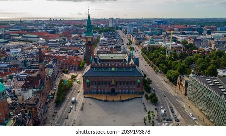  Beautiful Cinematic Aerial View Of The Of The Copenhagen City Hall And Plaza