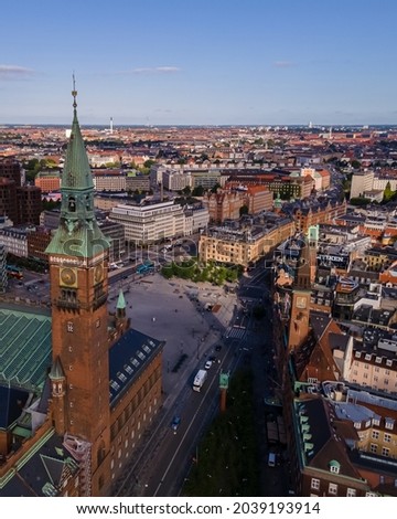 Beautiful cinematic aerial view of the of the Copenhagen city hall and plaza