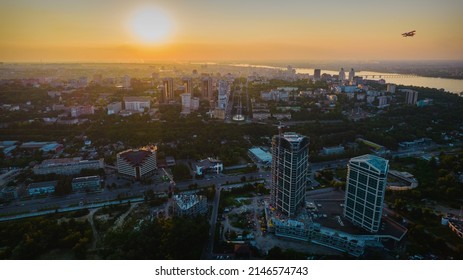 The Beautiful City Of Dnipro At Sunset, Photo From Dron