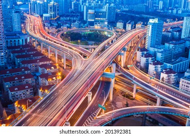 beautiful city interchange closeup at shanghai yanan west road in nightfall  - Shutterstock ID 201392381