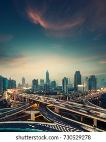 beautiful city interchange overpass at night in shanghai ,China - Shutterstock ID 730529278