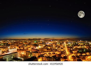 Beautiful City At Night Of The Full Moon