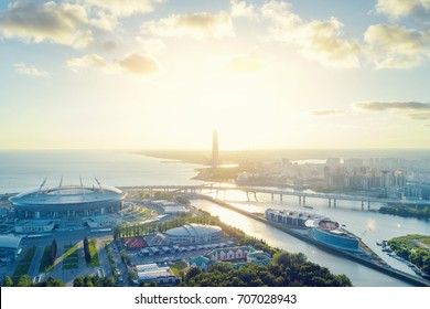 Beautiful City With A Round Stadium In The Sunshine, Top View