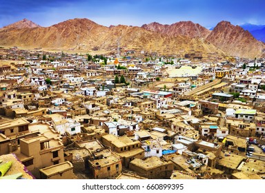 Beautiful City Scape: Lot Of Old Traditional Tibetan Houses And Central Asian Urban Infrastructure, View From Leh Palace Hill In Leh - The Capital Of Ladakh, Himalayas, Jammu & Kashmir, Northern India