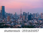 Beautiful city skyline of Downtown Tokyo with Tokyo Tower standing out amidst the bustling skyscrapers. Famous landmarks are highlighted against the vibrant urban backdrop