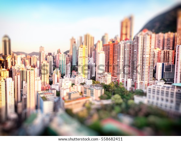 Beautiful cityscape. The financial\
center of Asia, Hong Kong, China. Image with tilt shift\
effect