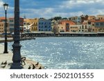 Beautiful cityscape and promenade. View of the old port of Chania, Crete, Greece.