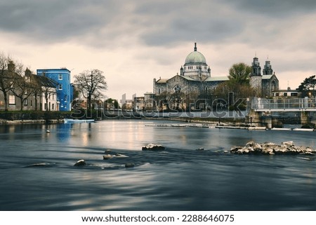 Beautiful cityscape scenery with irish landmark Galway cathedral by the Corrib River in Ireland 