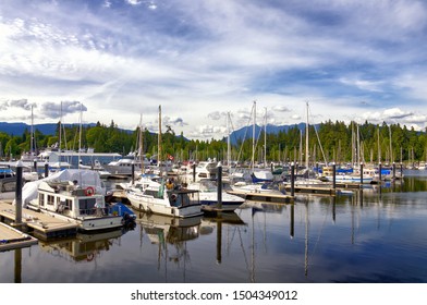 Beautiful cityscape of Vancouver. White Yachts in marina, British Columbia Canada