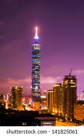 Beautiful cityscape view of Taipei 101 building and Taipei centre city during sunset at Taiwan