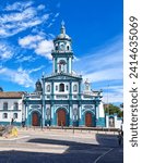 beautiful classic blue and white Catholic church, in Pasto Nariño Colombia, classic architecture, bells and steeples, worship and pilgrimage of faithful.