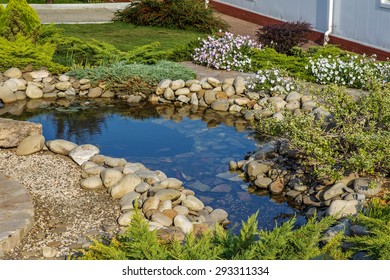 Beautiful Classical Design Garden Fish Pond In A Well Cared Backyard Gardening Background