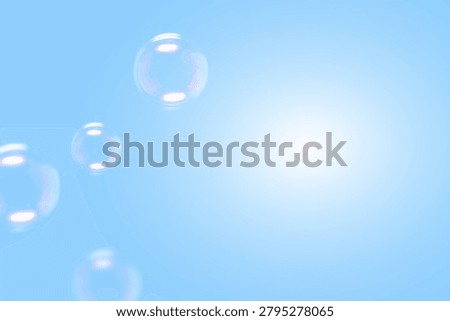 Beautiful Clear Soap Bubbles Floating in a Blue Sky. Soap Suds Bubbles Water. Happyness Background, Dreaming Still life, Celebration Festive Backdrop. Freshness Soap Suds Water
