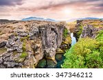 Beautiful cliffs and deep fissure in Thingvellir National Park. Southern Iceland