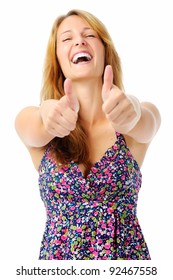 Beautiful Close Up Portrait Of A Woman With Both Thumbs Up For A Job Well Done