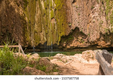 Beautiful Close Up View Of El Limon Tropical Waterfall With Lots Of Moss And Steaming Water, Front View Of The Final Part Of The Waterfall Located In The Dominican Republic Of The Samaná Peninsula.