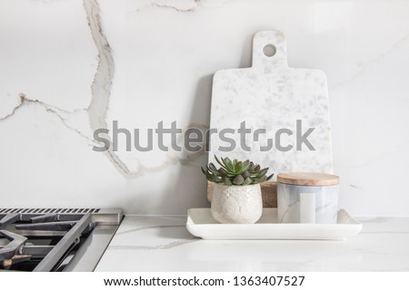 A beautiful closeup of a custom designed kitchen, with marble looking quartz countertop and backsplash. Decorated by marble cheese board and little indoor planter.