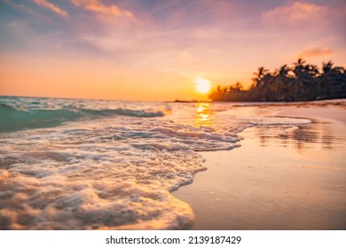 Beautiful Closeup Wave. Amazing Sunset Tropical Paradise Sea Beach. Tranquil Summer Vacation Holiday Landscape. Tropical Sunset Beach Seaside Palm Trees Silhouette. Positive Energy Nature Seascape