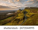Beautiful cloudy sky over an impressive view of The Quiraing on The Isle of Skye, Scotland, UK.