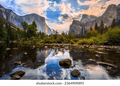 Beautiful Cloudy Sunrise on Yosemite Valley View, Yosemite National Park, California