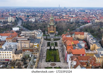 Beautiful Cloudy Sunset Over Union Square - Piata Unirii Timisoara. Aerial View From Timisoara Taken By A Professional Drone