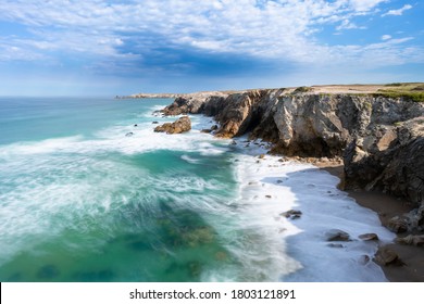 Beautiful coast line of Quiberon, Morbihan, Brittany / Bretagne, France. The cote sauvage (wild coast), known for its landscape with steep cliffs and high waves.